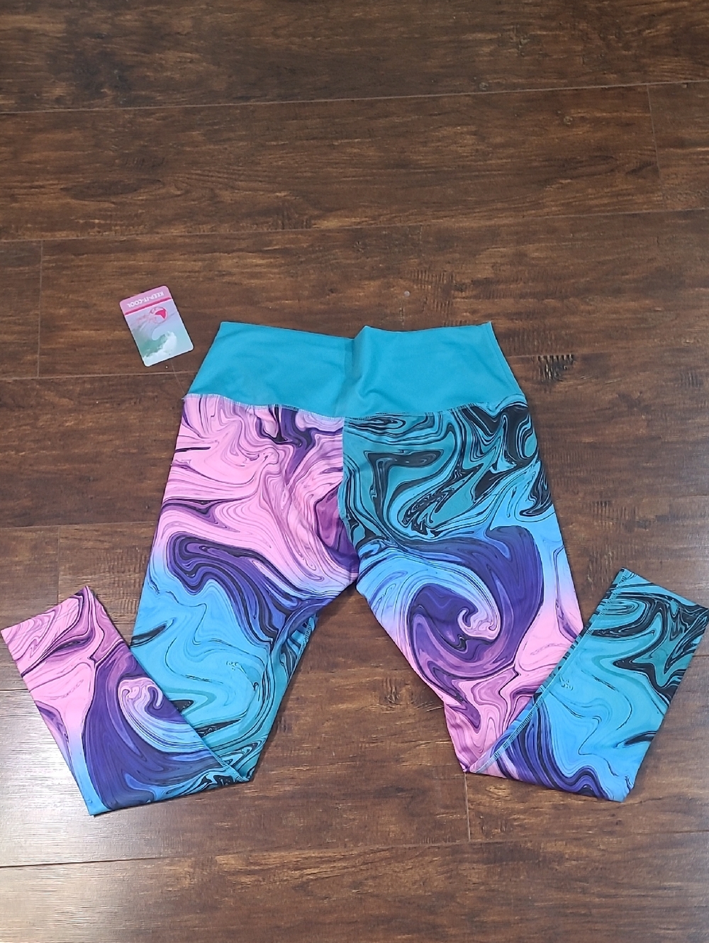 Reel Legends Womens  Teal Pink Marble Leggings Size Large - Picture 5 of 9